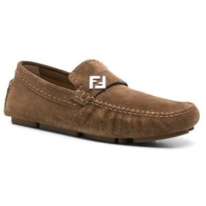Fendi Driver Crosta Suede Cubano Brown FF Logo Loafer Slip On Flat UK 11 US 12